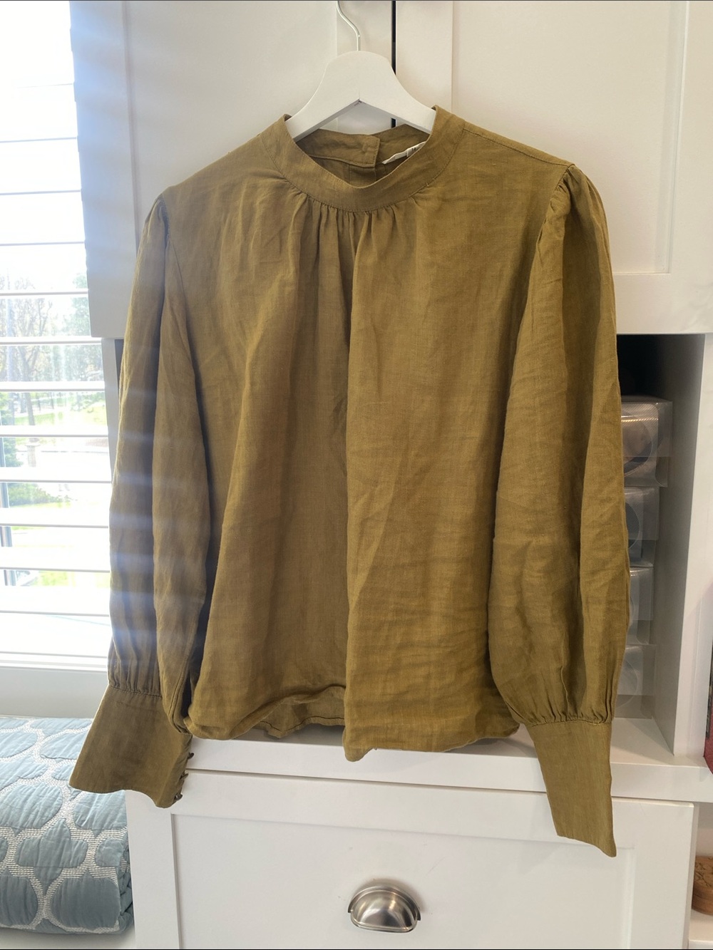 Women's Olive Green Long Sleeve High-Neck Blouse